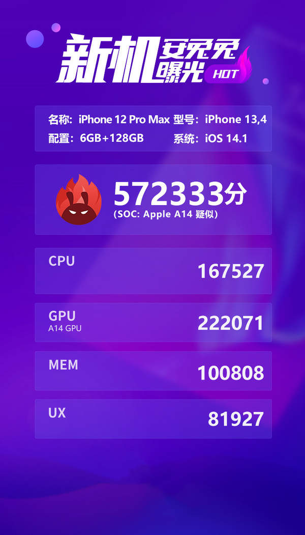 a14芯片跑分曝光:機(jī)型是iPhone 12 Pro Max