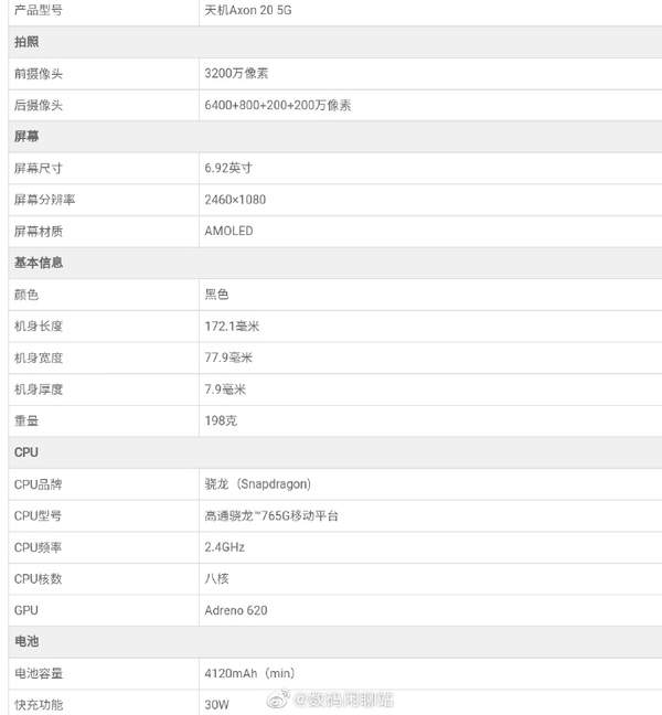 中興天機Axon20參數(shù)詳情,首款搭載驍龍765G的屏下前攝手機