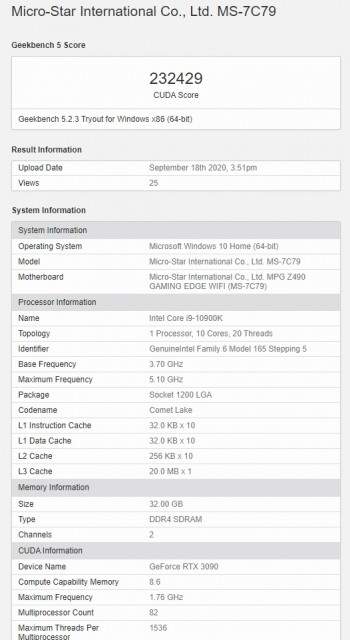 RTX3090顯卡3DMARK跑分曝光:超RTX3080顯卡19%